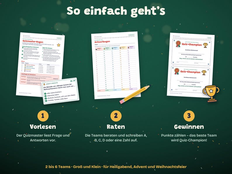 May include: A quiz game set featuring a rule sheet, an answer sheet, a question card, a yellow pencil, and two award certificates. The text includes 'So einfach geht's', 'Quizmaster-Bogen', 'Antwortbogen', and 'Quiz-Champion'.