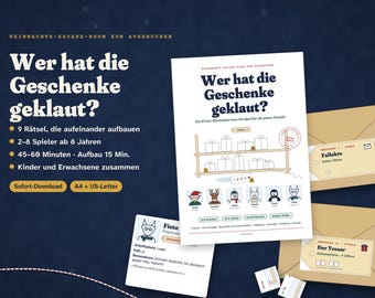 Utskrivbart jul-escape room | Vem stal presenterna? | Pusselspel för familjer och barn från 8 år | Direkt PDF-nedladdning