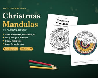 Christmas Mandala Coloring Pages for Adults, 30 Printable Designs, Relaxing Holiday Coloring Book, Seniors & Beginners, PDF