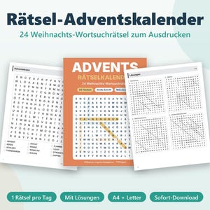 Utskrivbar adventskalender med pussel | 24 julordpussel för barn, familjer och seniorer | PDF A4 direktnedladdning | Tyska bild 1
