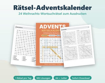 Printbare puzzel-adventskalender | 24 kerstwoordzoekpuzzels voor kinderen, gezinnen en senioren | PDF A4 direct te downloaden | Duits