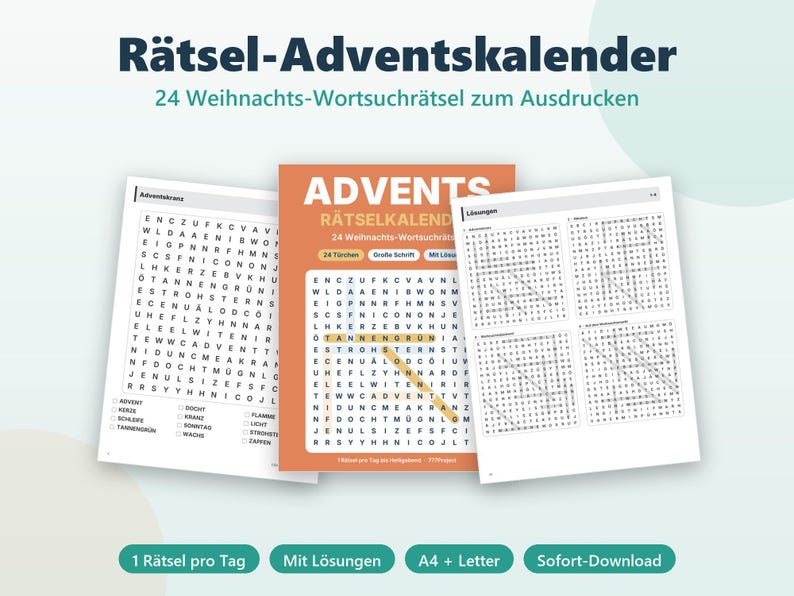 Utskrivbar adventskalender med pussel | 24 julordpussel för barn, familjer och seniorer | PDF A4 direktnedladdning | Tyska bild 1