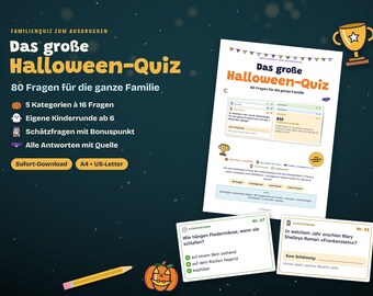 Halloween Quiz für die ganze Familie zum Ausdrucken | 80 Quizfragen mit Lösungen | Halloween Spiel für Kinder & Erwachsene | PDF