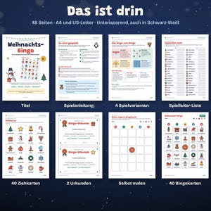 Puede incluir: Un set imprimible de 48 p&aacute;ginas de bingo navide&ntilde;o que incluye una p&aacute;gina de t&iacute;tulo, instrucciones, cuatro variantes de juego, una lista de control, 40 tarjetas de sorteo, dos certificados, una tarjeta en blanco y 40 cartones de bingo.