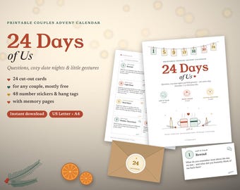 Printbare adventskalender voor stellen, 24 dagen van ons, ideeën voor een date-avond, vragen en kleine gebaren, aftellen naar Kerstmis, cadeau voor je partner