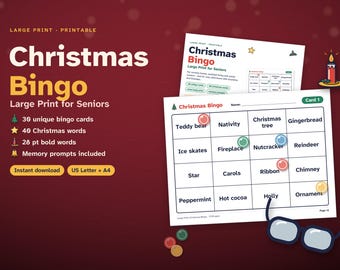 Groteletterige kerstbingo voor senioren, 30 printbare bingokaarten, activiteit voor verpleeghuizen en verzorgingshuizen, kerstfeestspel, PDF