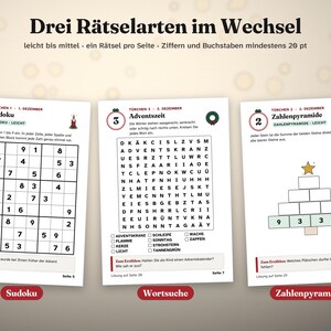 以下が含まれることがあります： Drei R&auml;tselarten im Wechselと題された3枚のパズルページ。1枚目は数独グリッド、2枚目はAdventszeitと題されたワードサーチ、3枚目は数字ピラミッドパズルです。各ページには説明文とホリデーアイコンが含まれています。