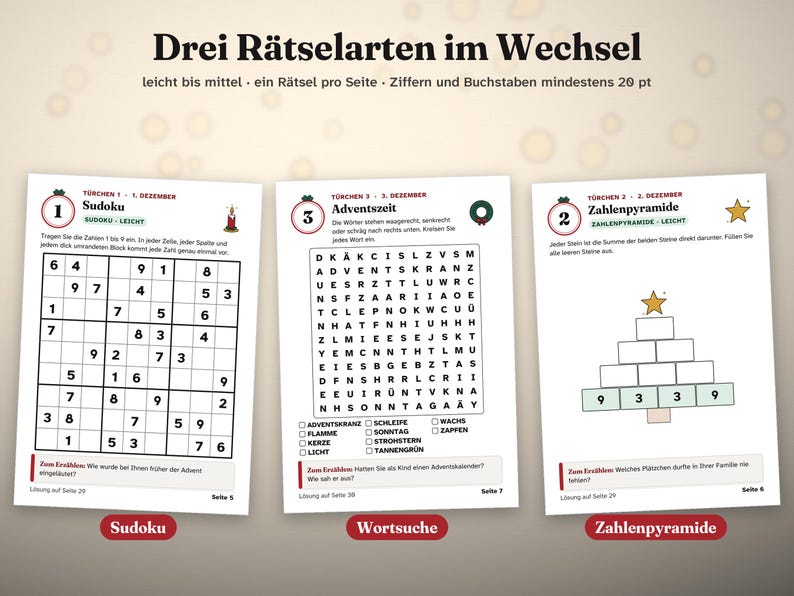 以下が含まれることがあります： Drei R&auml;tselarten im Wechselと題された3枚のパズルページ。1枚目は数独グリッド、2枚目はAdventszeitと題されたワードサーチ、3枚目は数字ピラミッドパズルです。各ページには説明文とホリデーアイコンが含まれています。