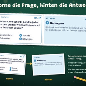 May include: A white rectangular trivia card with blue text on a dark green background. The card features a question about a Christmas tree in London, multiple-choice options, and the answer Norway, with instructions on how to fold the card.