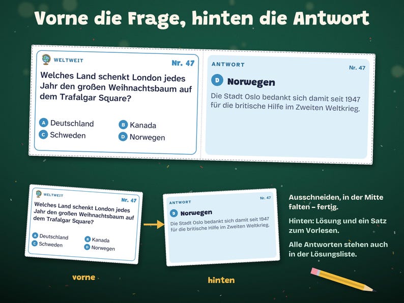 May include: A white rectangular trivia card with blue text on a dark green background. The card features a question about a Christmas tree in London, multiple-choice options, and the answer Norway, with instructions on how to fold the card.