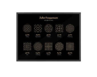 Solfeggio Frequenzen Bild mit Holzrahmen, Zehn Frequenzen und ihre Bedeutung, Chladni Figuren, Meditation Wandbild, Yoga Raum Deko