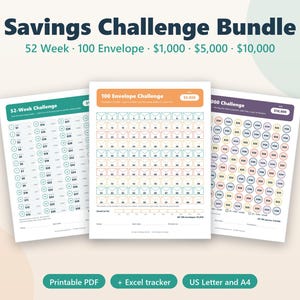 Könnte beinhalten: Ein Spar-Challenge-Paket mit drei druckbaren Blättern: eine 52-Wochen-Challenge, eine 100-Umschläge-Challenge und eine 10.000-Challenge. Die Dokumente enthalten Tracker für Ziele von 1.000, 5.000 und 10.000, mit Text für druckbares PDF, Excel-Tracker, US Letter und A4.