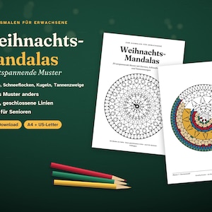 Może przedstawiać: Cyfrowa kolorowanka zatytułowana "Weihnachts-Mandalas" zawierająca 30 unikalnych wzor&oacute;w z gwiazdami, płatkami śniegu, bombkami i gałązkami sosny. Dwie białe strony przedstawiają okrągłe mandale, jedną pustą i jedną częściowo pokolorowaną.