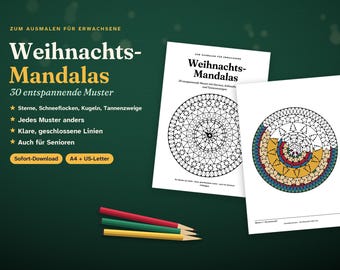 Kerstmandala's om in te kleuren voor volwassenen | 30 printbare patronen, ontspannend | Ook geschikt voor senioren | Direct te downloaden als PDF | Duits
