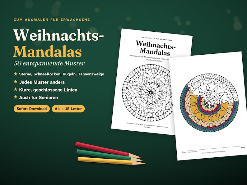 Może przedstawiać: Cyfrowa kolorowanka zatytułowana "Weihnachts-Mandalas" zawierająca 30 unikalnych wzor&oacute;w z gwiazdami, płatkami śniegu, bombkami i gałązkami sosny. Dwie białe strony przedstawiają okrągłe mandale, jedną pustą i jedną częściowo pokolorowaną.