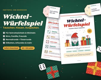 Printbaar White Elephant-cadeau-uitwisselingsspel | Secret Santa met dobbelstenen, dobbelsteentabel, cadeaulabels en certificaat | Kerstfeest op kantoor | PDF