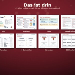 Może przedstawiać: Cyfrowy zestaw do gry w świąteczne bingo zawierający 41 stron w formacie poziomym A4 i US-Letter. Zestaw zawiera stronę tytułową, instrukcje, wskaz&oacute;wki, tematy do rozm&oacute;w, listę wywoławczą, 40 kart do losowania, 2 certyfikaty i 30 kart do bingo.