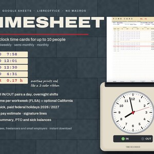 Op de afbeelding: Een digitaal urenregistratiesjabloon voor Excel, Google Sheets en LibreOffice met een beige analoge prikklok met IN- en OUT-knoppen. Het display toont prikklokgegevens voor maximaal 10 personen, inclusief wekelijkse en maandelijkse opties.