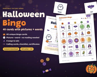 Halloween Bingo Printable for Kids | 40 Picture Bingo Cards | Classroom Halloween Party Game, Preschool & Family Game Night | PDF