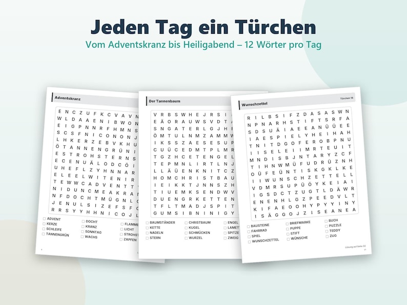 Utskrivbar adventskalender med pussel | 24 julordpussel för barn, familjer och seniorer | PDF A4 direktnedladdning | Tyska bild 2