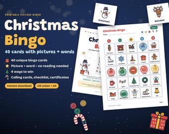 Christmas Bingo Printable, 40 Unique Picture Bingo Cards for Kids, Classroom Christmas Party Game, Family Holiday Activity, PDF