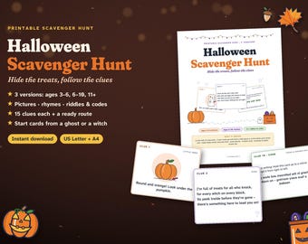 Halloween Scavenger Hunt Printable | Treat Hunt Clues for Kids & Teens | Indoor Halloween Game with Riddles, Rhymes and Codes | PDF