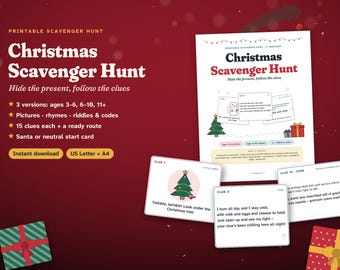 Christmas Scavenger Hunt for Kids and Teens, Printable Treasure Hunt Clues to Find Presents, Picture Clues, Rhymes and Codes, PDF