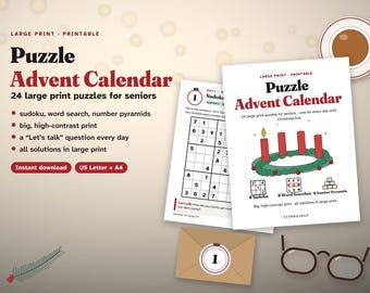 Adventskalender in grote letters voor senioren | 24 kerstpuzzels: Sudoku, woordzoekers, cijferpiramides | Activiteit voor verzorgingstehuizen | PDF