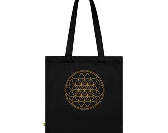 Blume des Lebens Tragetasche Bio Baumwolle, Heilige Geometrie Stoffbeutel Gold auf Schwarz, Yoga Tasche, Spirituelles Geschenk
