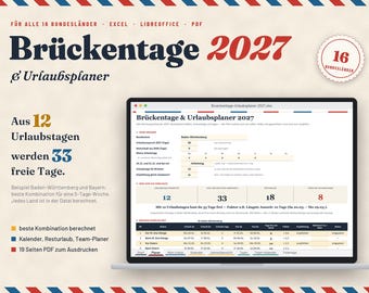 Bridge Days 2027 Excel semesterplanerare | Helgdagar för alla 16 tyska delstater, semesterkalender, team semesterplanering | Utskrivbar PDF