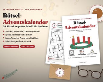 Adventskalender voor senioren, grote letters | 24 puzzels in grote letters: Sudoku, woordzoeker, getallenpiramide | Verzorgingshuis | Printbaar PDF-bestand