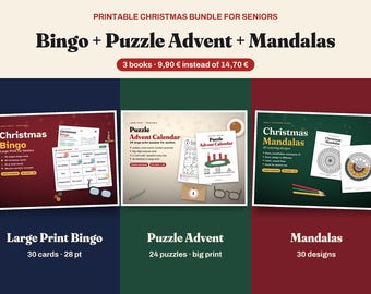 Large Print Christmas Bundle for Seniors, Bingo, Puzzle Advent Calendar and Mandala Coloring, Nursing Home Activities, PDF
