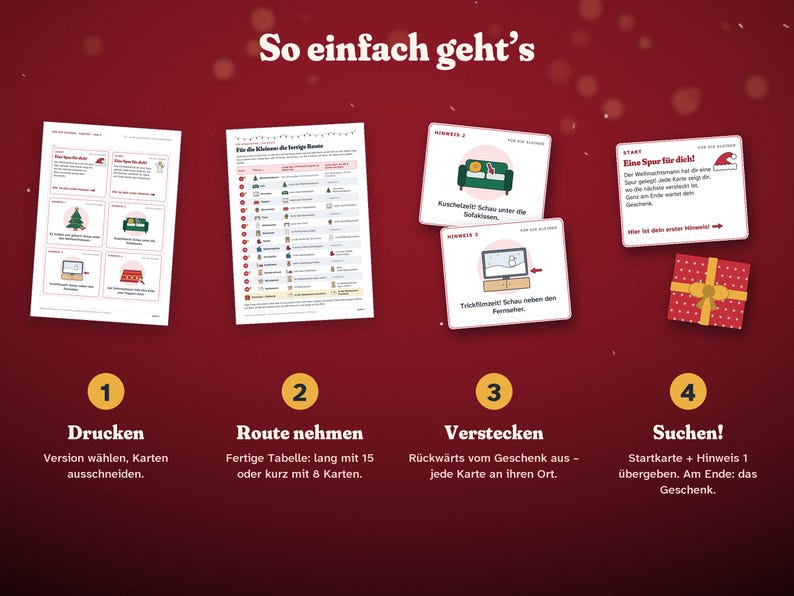 May include: A scavenger hunt instruction sheet on a red background with the title So einfach geht's. It displays four steps: print, choose route, hide, and search. Includes printable cards, a route table, clue cards, and a gift box graphic.