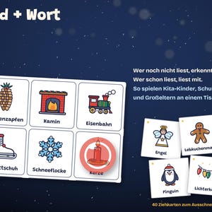 Puede incluir: Un conjunto de tarjetas educativas tituladas Bild + Wort que presentan ilustraciones de una pi&ntilde;a, chimenea, tren, pat&iacute;n de hielo, copo de nieve, vela, &aacute;ngel, hombre de jengibre, ping&uuml;ino y luces con etiquetas de texto en alem&aacute;n para cada elemento.