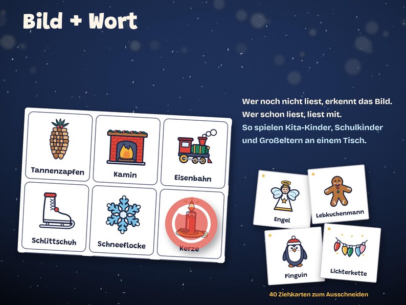 Puede incluir: Un conjunto de tarjetas educativas tituladas Bild + Wort que presentan ilustraciones de una pi&ntilde;a, chimenea, tren, pat&iacute;n de hielo, copo de nieve, vela, &aacute;ngel, hombre de jengibre, ping&uuml;ino y luces con etiquetas de texto en alem&aacute;n para cada elemento.