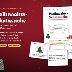 May include: A printable Christmas treasure hunt game set featuring a main instruction sheet and multiple clue cards with German text. The design includes illustrations of Christmas trees and presents on a deep red background with white text.