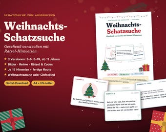 Weihnachts Schatzsuche & Schnitzeljagd zum Ausdrucken | Geschenk verstecken mit Hinweisen | Bilder, Reime, Codes für 3–99 | PDF deutsch