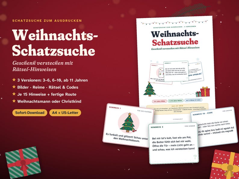 May include: A printable Christmas treasure hunt game set featuring a main instruction sheet and multiple clue cards with German text. The design includes illustrations of Christmas trees and presents on a deep red background with white text.