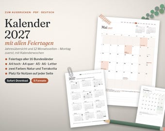 2027 Printable Calendar (German) | A5 A4 A6 Yearly & Monthly Calendars with Public Holidays for all German States, Week Numbers | PDF