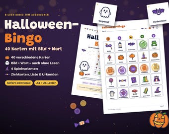 Halloween Bingo zum Ausdrucken | 40 Bingokarten mit Bildern für Kinder ab 3 | Halloween Spiel für Kita, Schule & Party | PDF