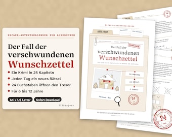 Może przedstawiać: Drukowany kalendarz adwentowy typu escape room pod tytułem Der Fall der verschwundenen Wunschzettel, zawierający 24 rozdziały, codzienne zagadki i kod do sejfu. Zestaw zawiera kilka stron z grafikami detektywistycznymi, ikoną lupy i czerwonymi pieczątkami na białym tle.