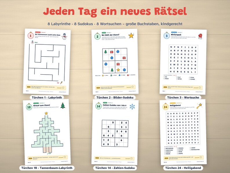 Weihnachts Paket für Kinder zum Ausdrucken | Malbuch, Rätsel-Adventskalender und Bingo | 3–10 Jahre, Kita & Schule | PDF deutsch image 3