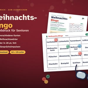 Może przedstawiać: Drukowana gra Bingo świąteczne z dużym drukiem dla senior&oacute;w, zawierająca 30 unikalnych kart z 40 słowami świątecznymi pogrubioną czcionką 28 pkt, z tematami do rozm&oacute;w, dostępna w formatach A4 i US-Letter do natychmiastowego pobrania.