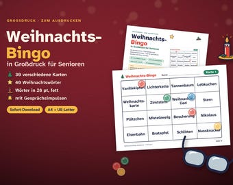 Weihnachts Bingo Großdruck für Senioren | 30 Bingokarten zum Ausdrucken mit großer Schrift | Seniorenbeschäftigung Weihnachten | PDF deutsch