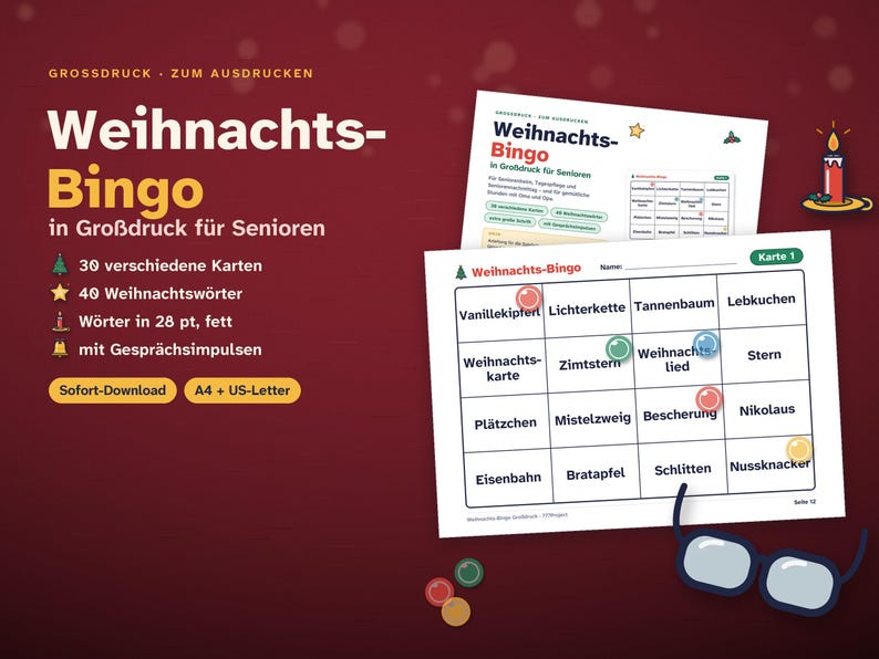 Może przedstawiać: Drukowana gra Bingo świąteczne z dużym drukiem dla senior&oacute;w, zawierająca 30 unikalnych kart z 40 słowami świątecznymi pogrubioną czcionką 28 pkt, z tematami do rozm&oacute;w, dostępna w formatach A4 i US-Letter do natychmiastowego pobrania.