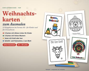 Christmas cards to color | 12 printable folded cards for children & adults | A6 with greeting inside | PDF