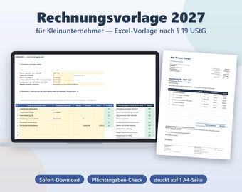 Factuursjabloon voor kleine bedrijven 2027 (Excel) | Factuur volgens § 19 UStG (Duitse btw-wet) | Klantenlijst & uitgaande facturen | Freelancer/bijverdienste | Downloaden
