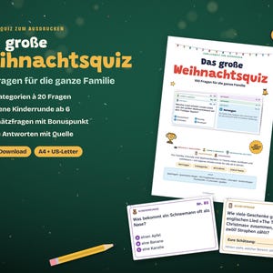 May include: A printable Christmas quiz set featuring a large document titled Das gro&szlig;e Weihnachtsquiz with 100 questions, two smaller question cards, and a yellow pencil. The materials include five categories, a children's round, and bonus questions.