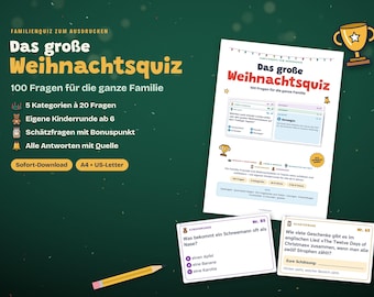 Printbare kerstquiz voor het hele gezin | 100 quizvragen met antwoorden | Kerstspel voor kinderen en volwassenen | Duitse PDF