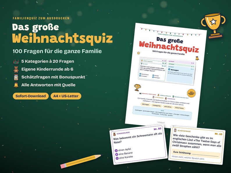 May include: A printable Christmas quiz set featuring a large document titled Das gro&szlig;e Weihnachtsquiz with 100 questions, two smaller question cards, and a yellow pencil. The materials include five categories, a children's round, and bonus questions.